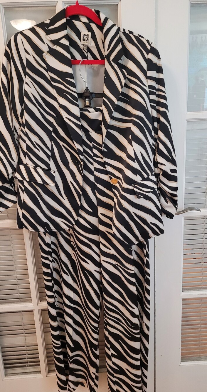 Anne Klein Black and White Zebra Print Blazer & Wide Leg Pant Set.
